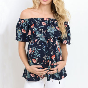 Off the shoulder blue floral maternity top