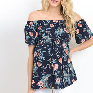 Off the shoulder blue floral maternity top