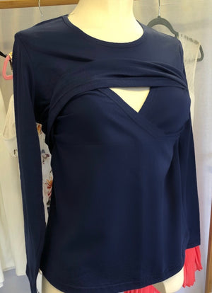 Blue Plain Maternity Nursing Stretch Top Navy Long Sleeve