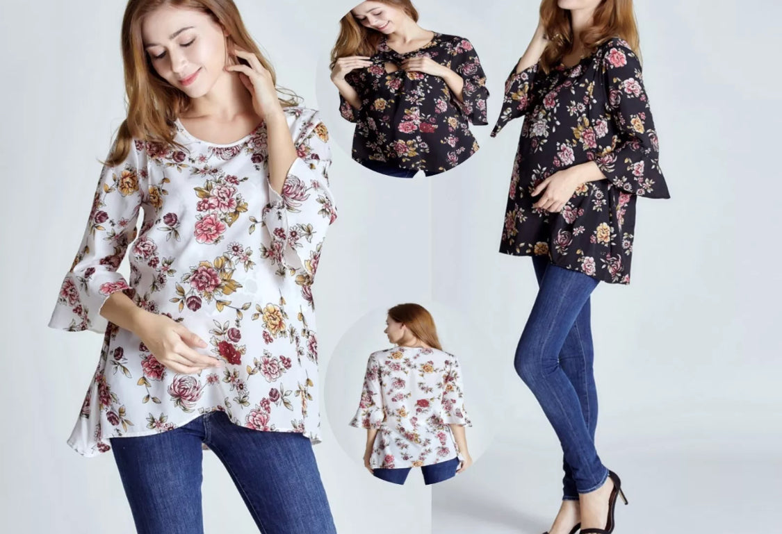 New Maternity & Nursing Smart Work Chiffon Flower Black White Blouse Top Shirt