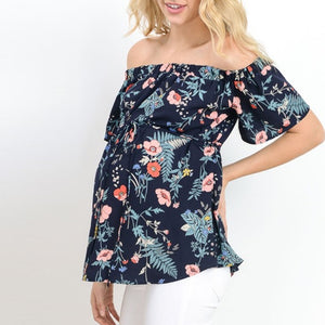 Off the shoulder blue floral maternity top