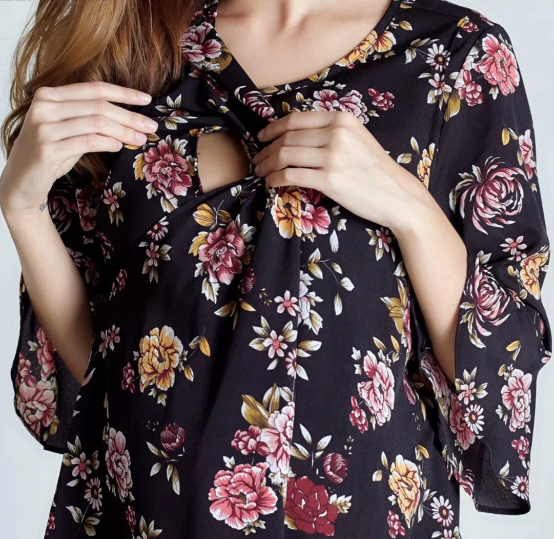 New Maternity & Nursing Smart Work Chiffon Flower Black White Blouse Top Shirt