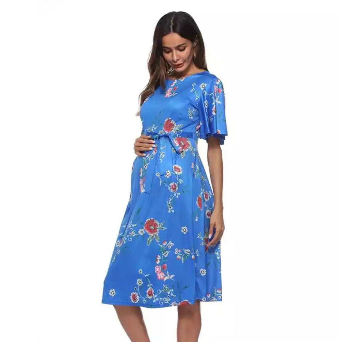 Summer Flower Print Maternity Dress Light Blue