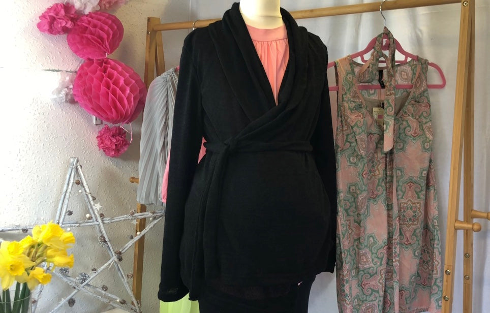 Black thin knit wrap around cardigan www.fashionablypregnant.co.uk