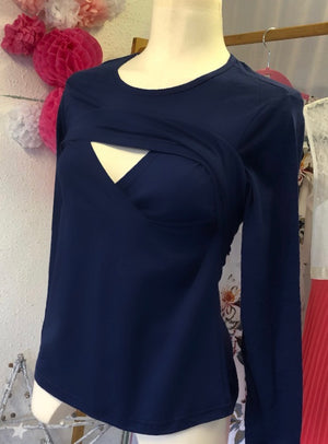 Blue Plain Maternity Nursing Stretch Top Navy Long Sleeve