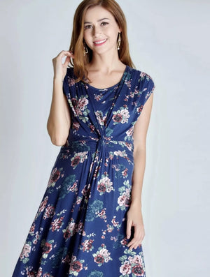 Blue Maternity & Nursing Knee Length Tea Dress