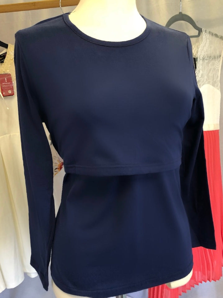Blue Plain Maternity Nursing Stretch Top Navy Long Sleeve