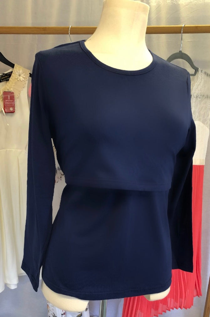 Blue Plain Maternity Nursing Stretch Top Navy Long Sleeve