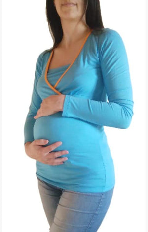 Fashionably Pregnant, blue orange nursing breastfeeding lounge wear pj casual basic jersey top