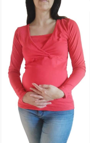 Fashionably Pregnant Red Maternity Nursing Breastfeeding Top Basic Cotton Jersey Long Sleeve