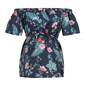 Off the shoulder blue floral maternity top