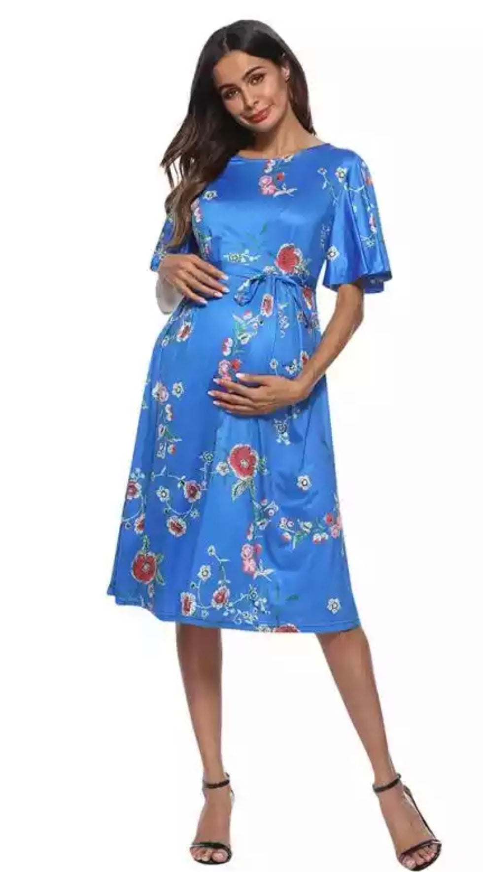 Summer Flower Print Maternity Dress Light Blue