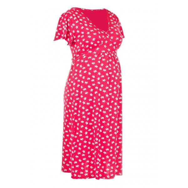 Fashionably Pregnant Heavenly Bump Acorn Print Flute Sleeve Red Maternity Dress2