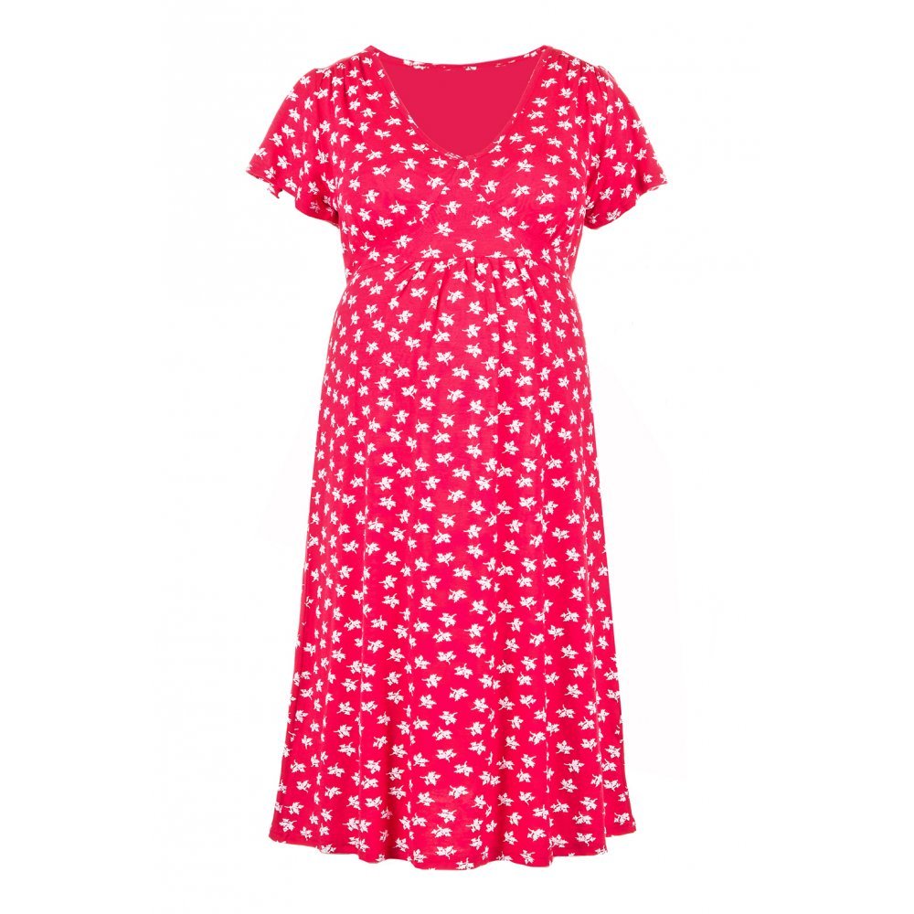 Fashionably Pregnant Heavenly Bump Acorn Print Flute Sleeve Red Maternity Dress