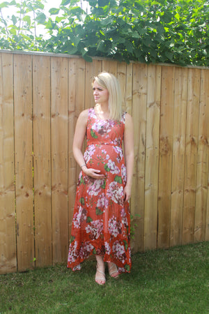 Summer Sun Blushed Floral Maternity Maxi Dress - Orange/Green
