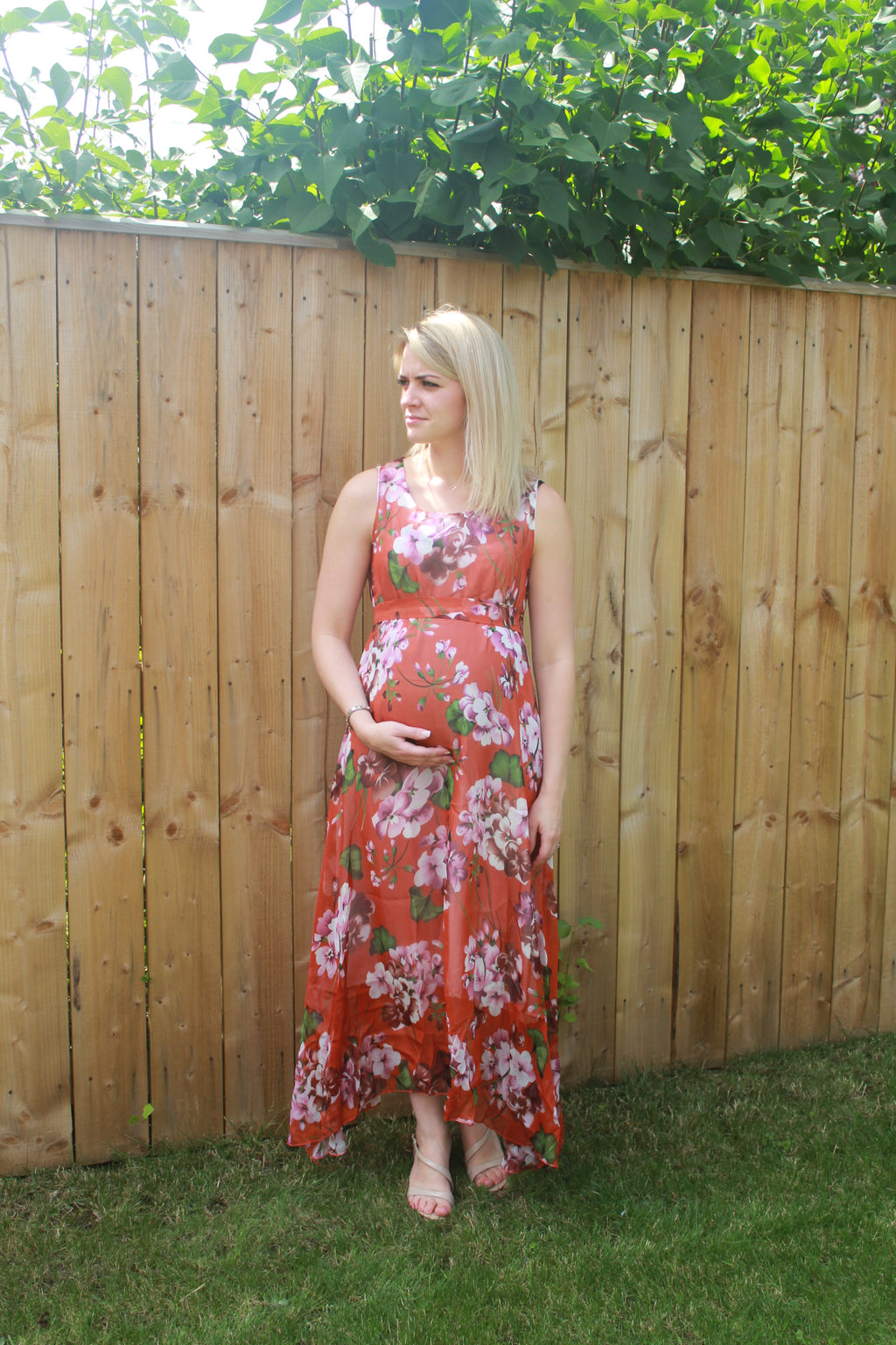 Fashionably Pregnant Sun blushed orange maternity maxi dress with detachable belt