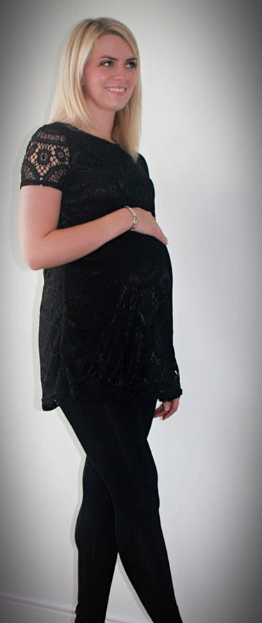 Fashionably Pregnant Black Tunic Top Blouse short sleeve lace
