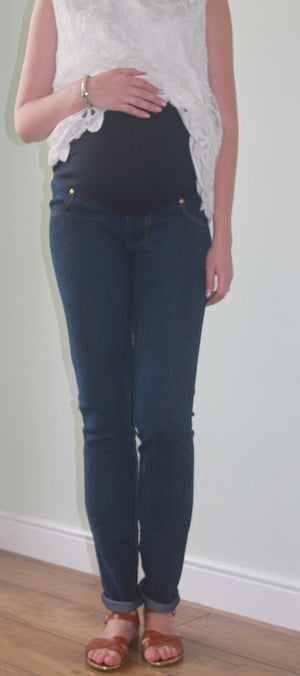 Dark blue slim fit fashionably pregnant over the bump jeans Fashionably Pregnant Online Maternity and Nursing Boutique U.K Free delivery. Specialists in Maternity and Breastfeeding fashionable clothes for pregnancy and beyond. Maternity Dresses, Maternity Tops, Special Occasion, Maternity Jeans, Baby Shower Dresses, Maternity Wedding Guest. UK based independent business 
