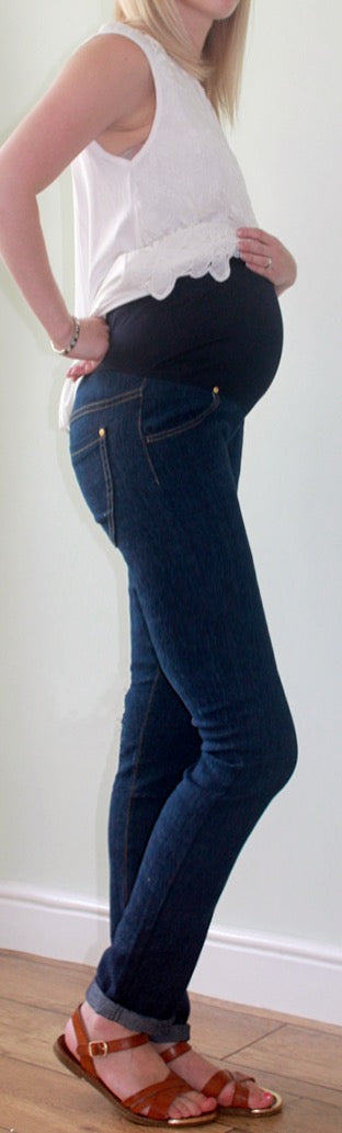Dark blue slim fit fashionably pregnant over the bump jeans Fashionably Pregnant Online Maternity and Nursing Boutique U.K Free delivery. Specialists in Maternity and Breastfeeding fashionable clothes for pregnancy and beyond. Maternity Dresses, Maternity Tops, Special Occasion, Maternity Jeans, Baby Shower Dresses, Maternity Wedding Guest. UK based independent business 
