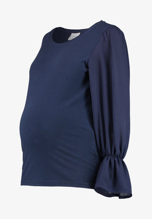 Fashionably pregnant maternity top tshirt blouse mamalicious navy blue log sleeve smart uk free delivery