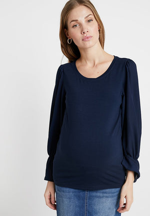 Fashionably pregnant maternity top tshirt blouse mamalicious navy blue log sleeve smart uk free delivery