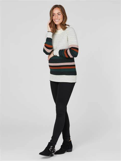Fashionably pregnant maternity and nursing online boutique pregnancy and breastfeeding clothing specialists. Mamalicious white stripe spots dots winter warm jumper pullover sweater, belt long sleeves maternity casual lockdown smart uk free delivery
