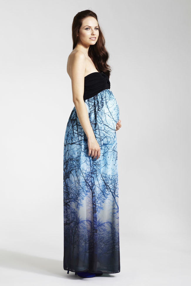 Rock a Bye Rosie Blue Printed Alice Maxi Maternity Dress