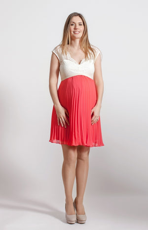 Fashionably Pregnant Rock a Bye Rosie Ciara Coral Cream Lace Pleated Skirt Maternity Dress