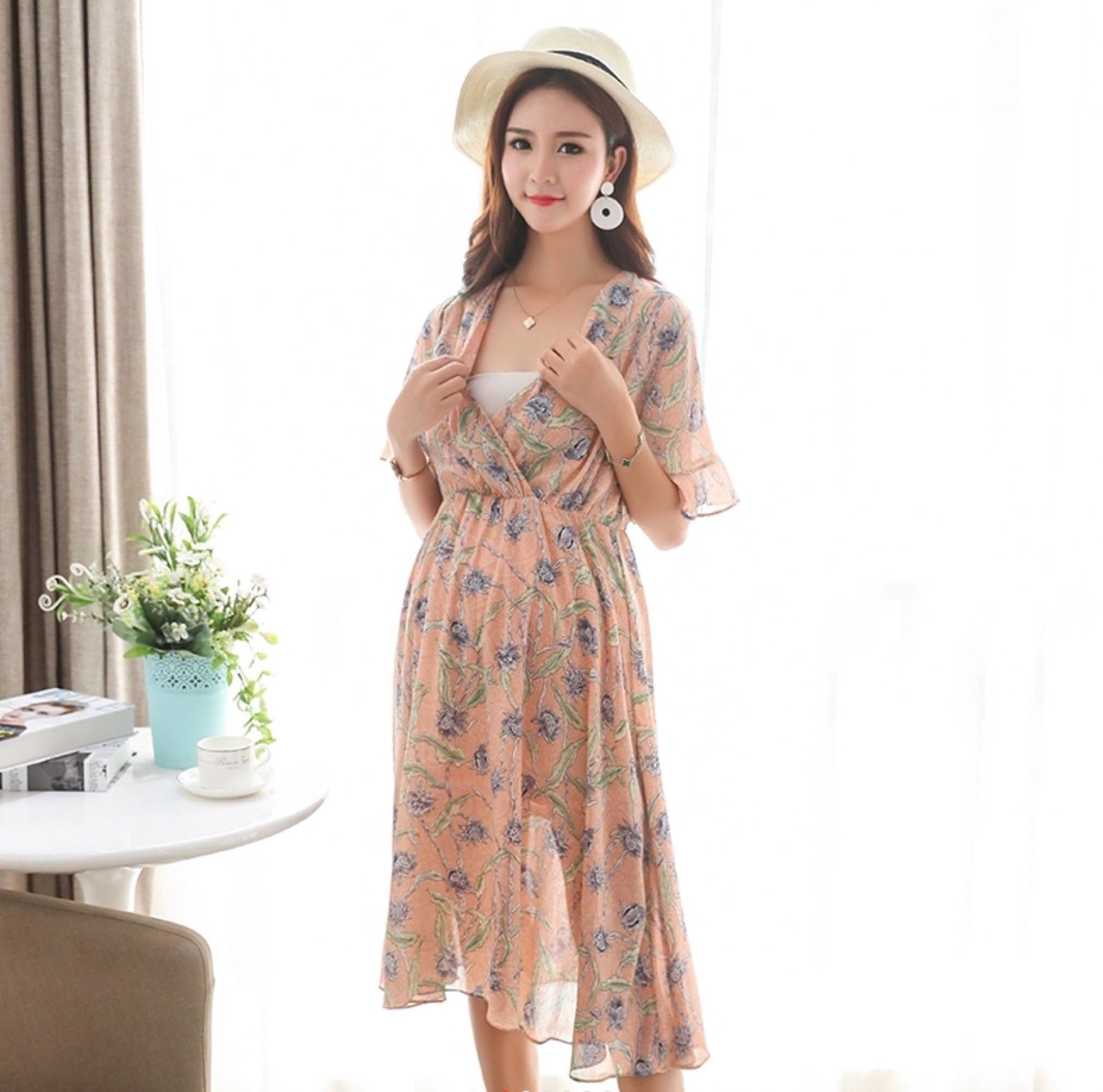 Flute Sleeve Maternity Tea Dress