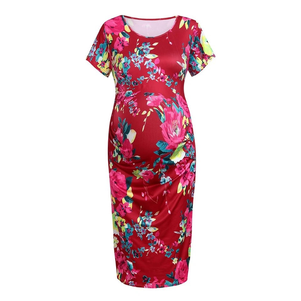 Floral Fitted Maternity Knee Length Dress Blue/Red Fashionably Pregnant Floral Fitted Maternity Knee Length Dress Blue/Red Fashionably Pregnant