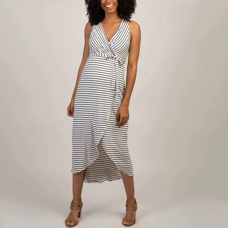 Sleeveless White Stripe Maternity Wrap Dress