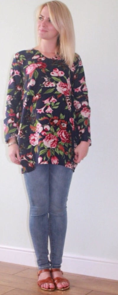 Linen Floral Casual Maternity Drape Top - Beige/Navy