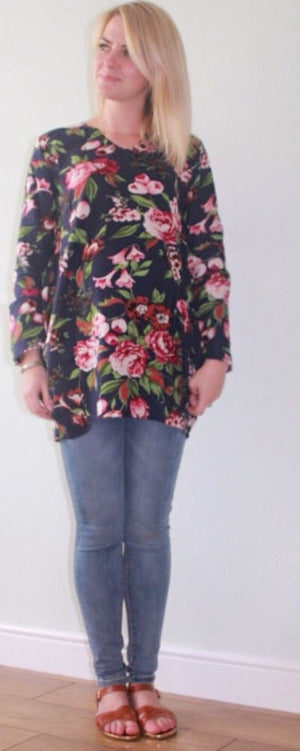 Linen Floral Casual Maternity Drape Top - Beige/Navy
