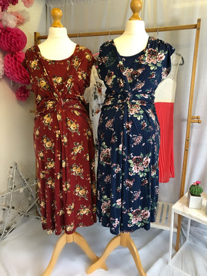 Maternity & Nursing Knee Length Tea Dress - Blue/Red