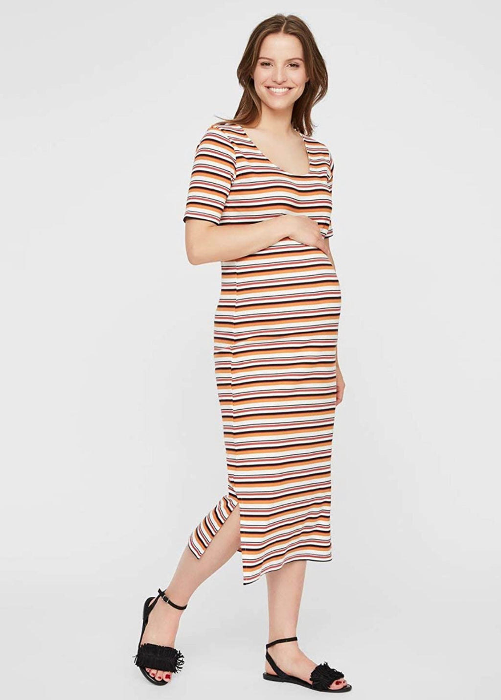 Fashionably pregnant maternity and nursing online boutique pregnancy and breastfeeding clothing specialists. Mamalicious orange stripe midi long dress summer spring sleeves maternity dress, belt long casual lockdown smart summer holiday uk free delivery breastfeeding