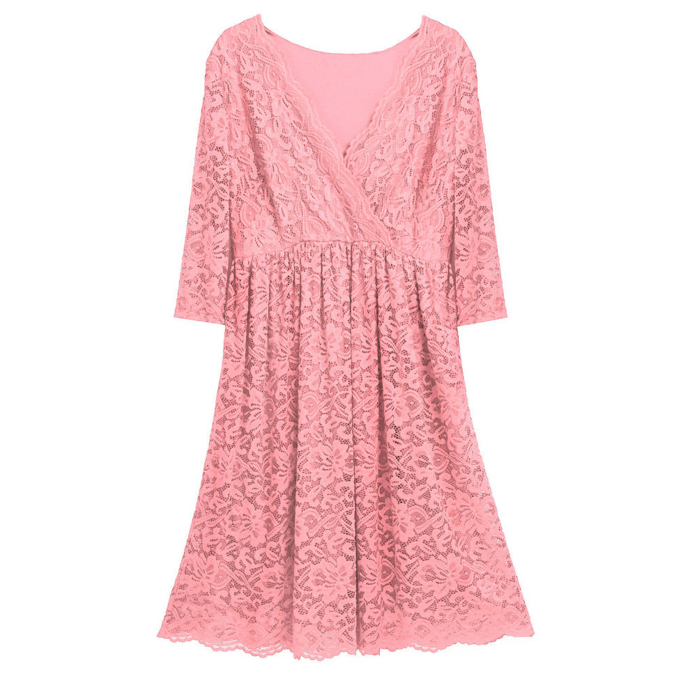 Lace 3/4 Sleeve Party Dress - Pink