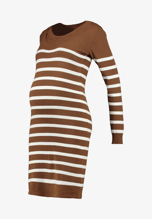 Fashionably Pregnant Online Maternity and Nursing Boutique U.K Free delivery. Specialists in Maternity and Breastfeeding fashionable clothes for pregnancy and beyond. Maternity Dresses, Maternity Tops, Special Occasion, Maternity Jeans, Baby Shower Dresses, Maternity Wedding Guest. UK based independent business mamalicious nursing breastfeeding jumper dress long sleeves winter warm brown stripe Newanga Stripe Maternity and Nursing Jumper Dress