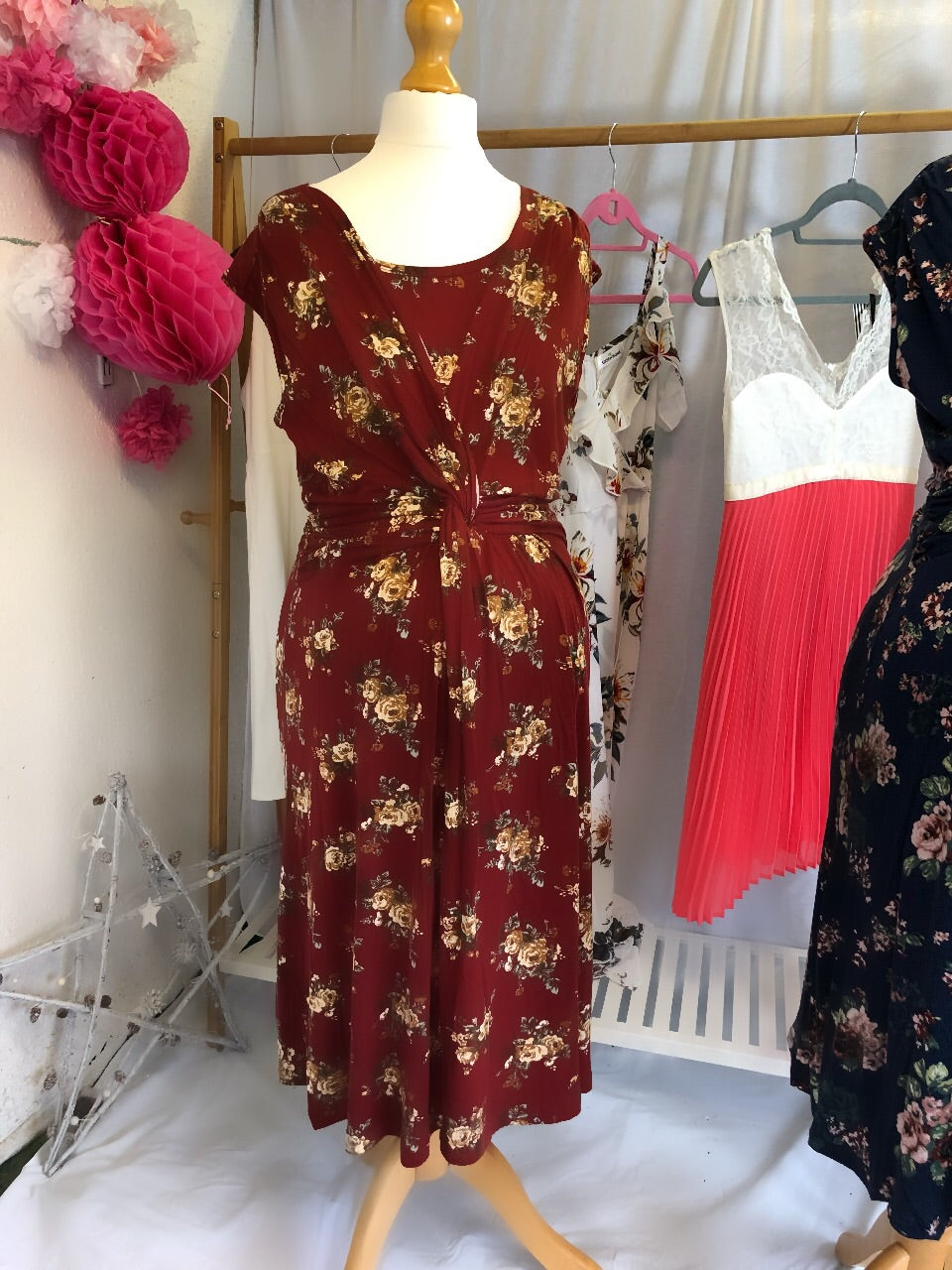 Maternity & Nursing Knee Length Tea Dress - Blue/Red