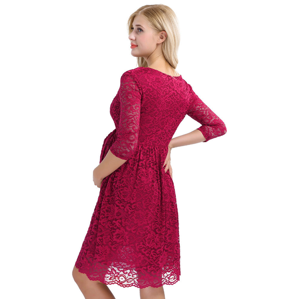 Lace 3/4 Sleeve Party Dress - Red