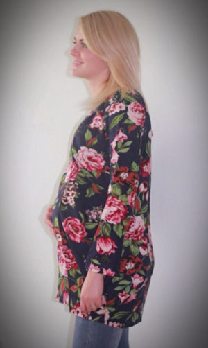 Linen Floral Casual Maternity Drape Top - Beige/Navy