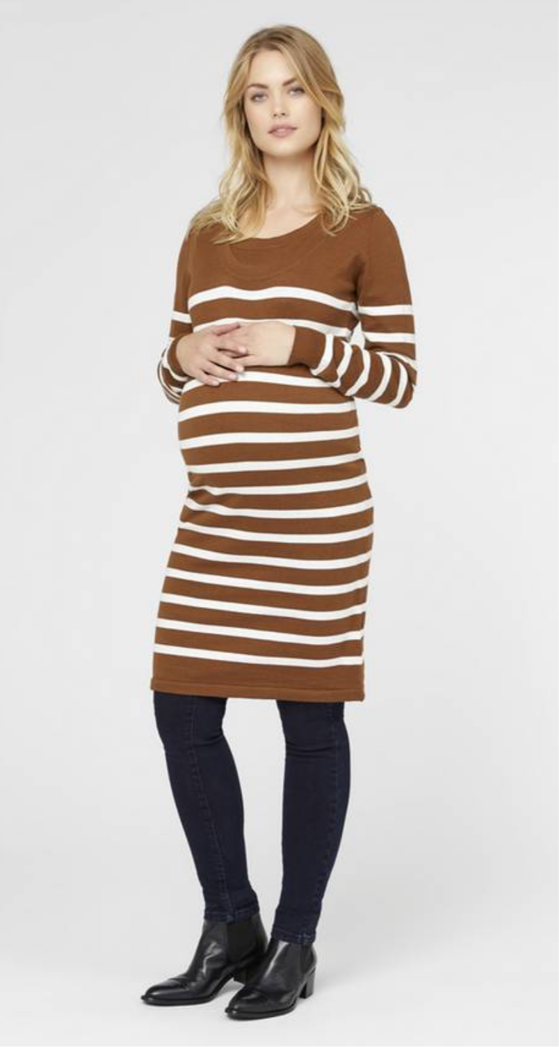 Fashionably Pregnant Online Maternity and Nursing Boutique U.K Free delivery. Specialists in Maternity and Breastfeeding fashionable clothes for pregnancy and beyond. Maternity Dresses, Maternity Tops, Special Occasion, Maternity Jeans, Baby Shower Dresses, Maternity Wedding Guest. UK based independent business mamalicious nursing breastfeeding jumper dress long sleeves winter warm brown stripe Newanga Stripe Maternity and Nursing Jumper Dress