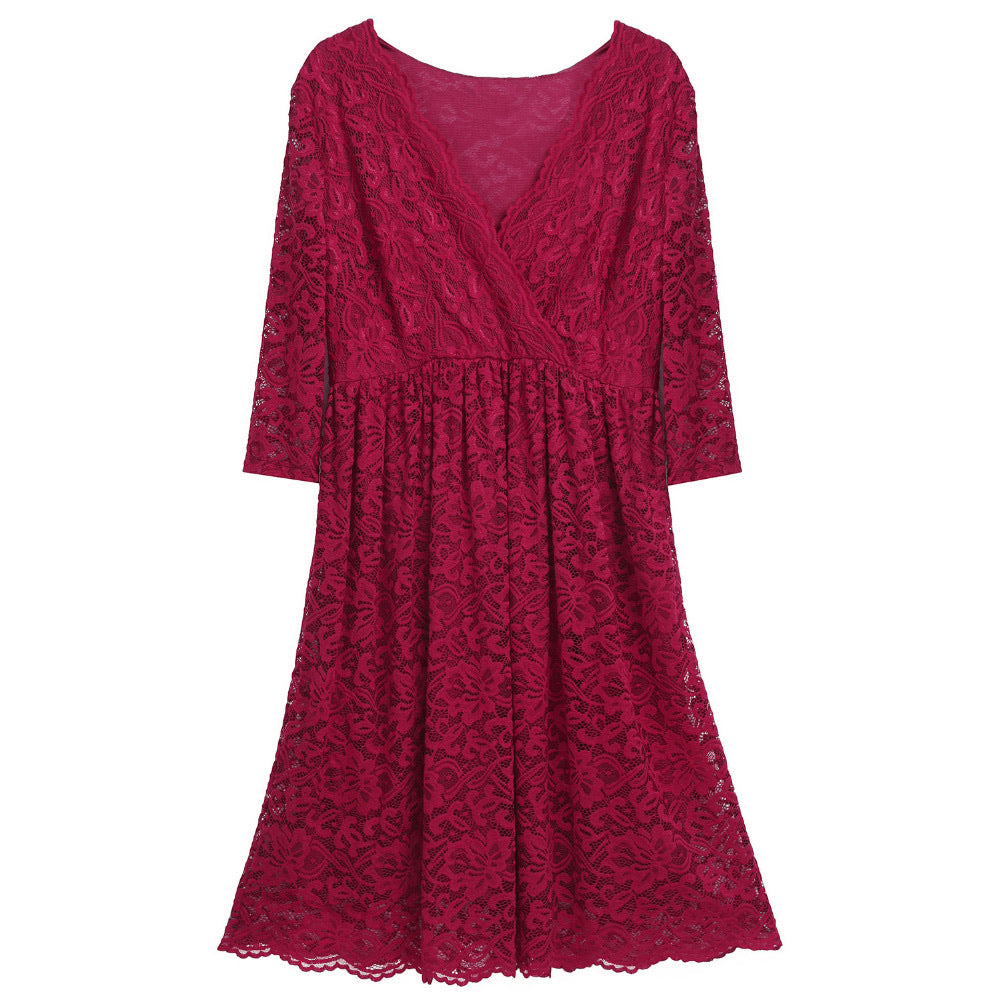 Lace 3/4 Sleeve Party Dress - Red