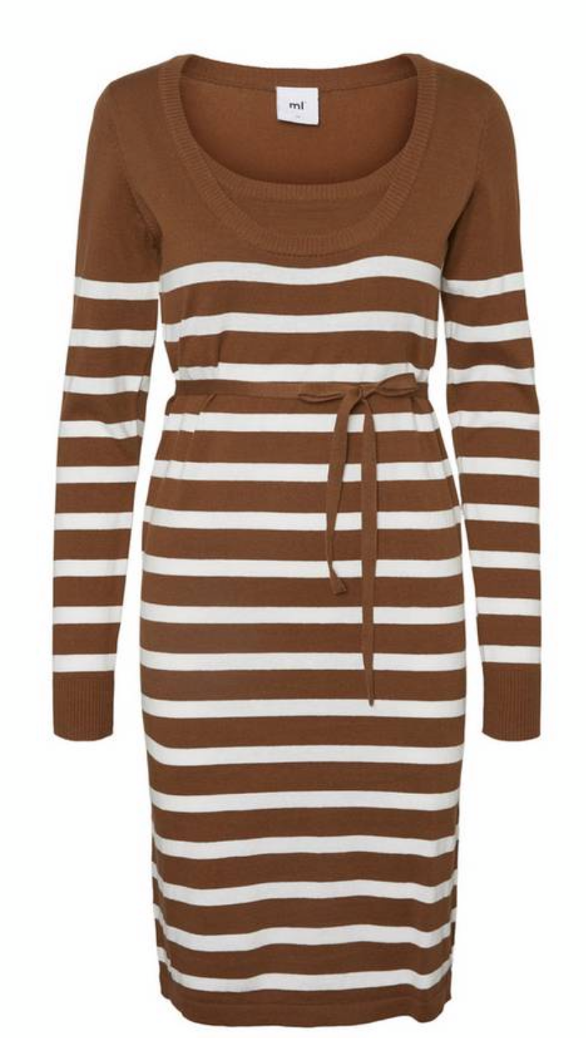 Fashionably Pregnant Online Maternity and Nursing Boutique U.K Free delivery. Specialists in Maternity and Breastfeeding fashionable clothes for pregnancy and beyond. Maternity Dresses, Maternity Tops, Special Occasion, Maternity Jeans, Baby Shower Dresses, Maternity Wedding Guest. UK based independent business mamalicious nursing breastfeeding jumper dress long sleeves winter warm brown stripe Newanga Stripe Maternity and Nursing Jumper Dress