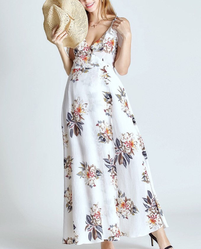 Open Shoulder Flower Maxi Dress - Black/White