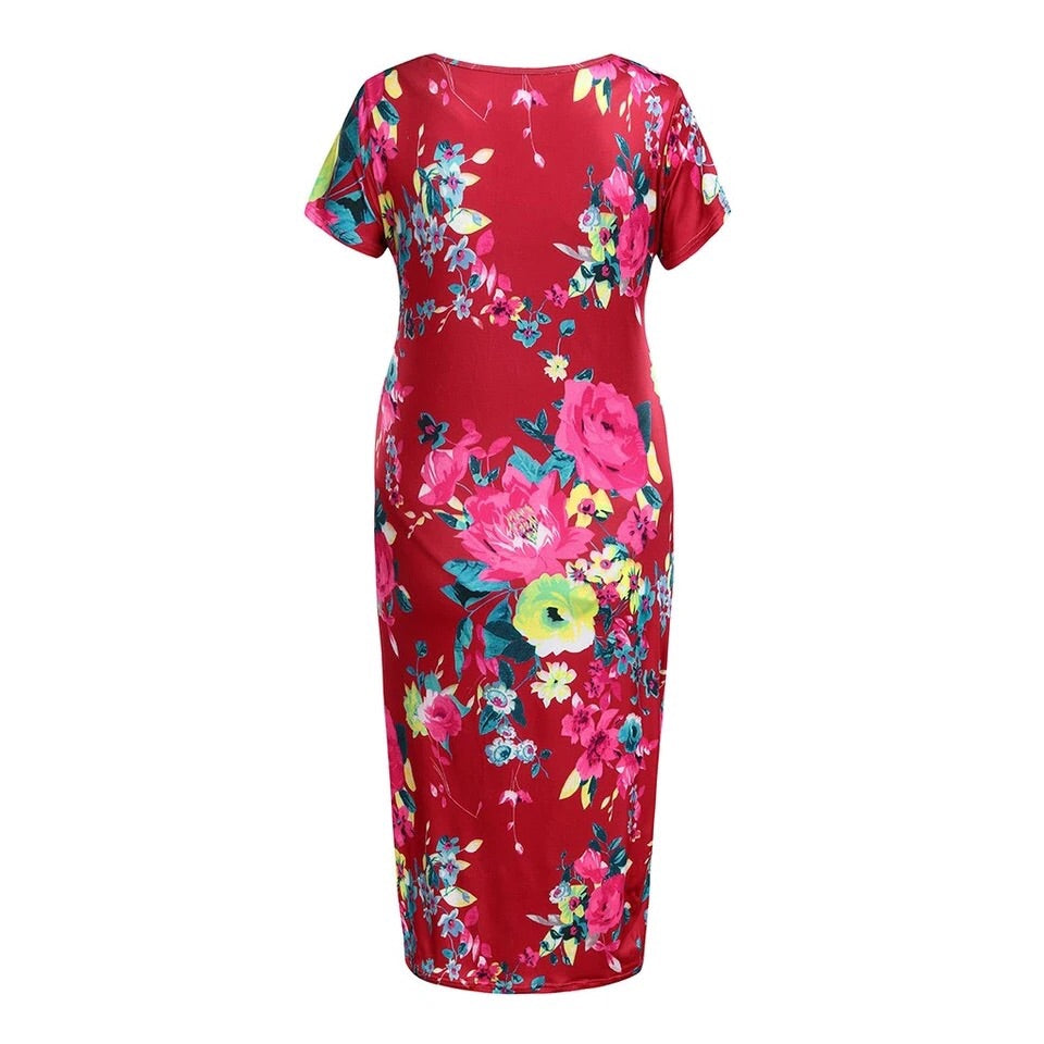 Floral Fitted Maternity Knee Length Dress Blue/Red
