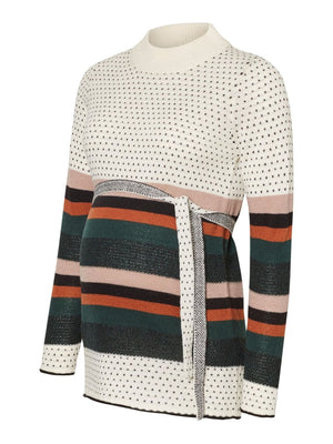 Fashionably pregnant maternity and nursing online boutique pregnancy and breastfeeding clothing specialists. Mamalicious white stripe spots dots winter warm jumper pullover sweater, belt long sleeves maternity casual lockdown smart uk free delivery
