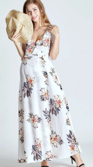 Open Shoulder Flower Maxi Dress - Black/White