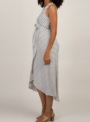 Sleeveless White Stripe Maternity Wrap Dress